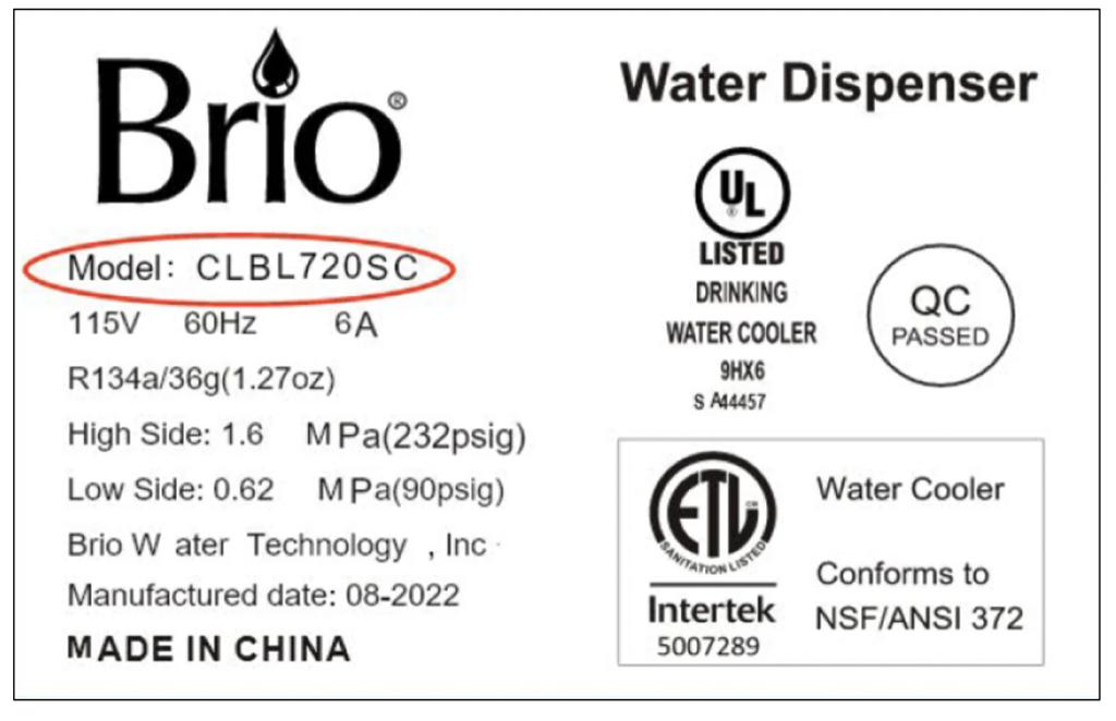 Example Brio product sticker with the model number highlighted below the Brio logo.